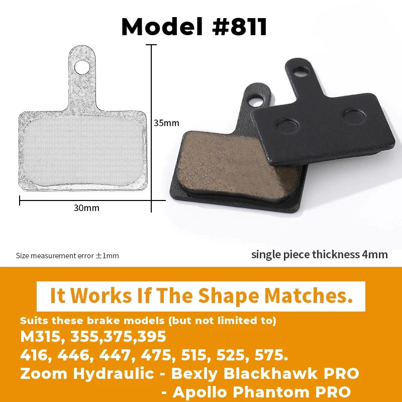 Model 811 resin brake pads for M315, 355, 375, 395 brake models, suitable for Zoom Hydraulic, Bexly Blackhawk PRO, Apollo Phantom PRO; 35mm height, 30mm width, single piece thickness 4mm.