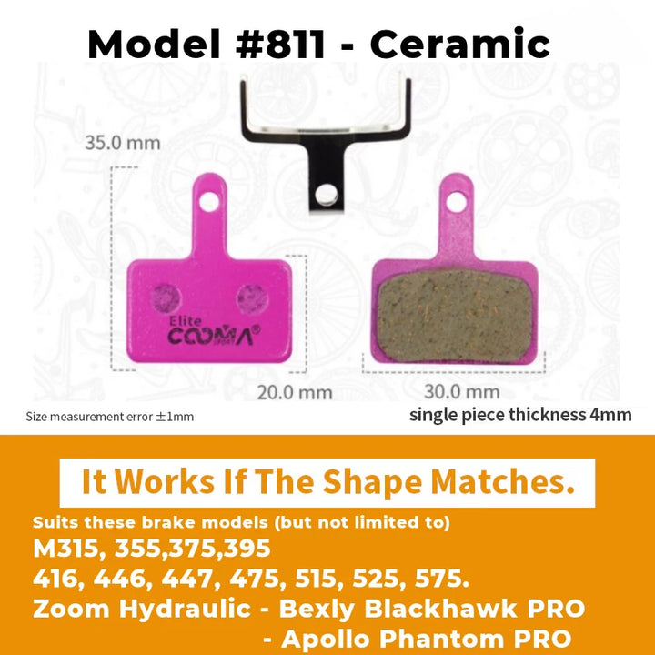 Model 811 ceramic brake pads for Zoom Hydraulic, Bexly Blackhawk PRO, Apollo Phantom PRO; 35mm height, 30mm width, single piece thickness 4mm, ideal for high performance braking.