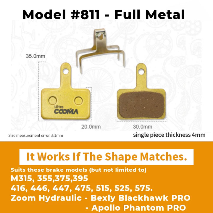 Model 811 full metal brake pads for M315, 355, 375, 395, Zoom Hydraulic, Bexly Blackhawk PRO, Apollo Phantom PRO; enhanced durability; 35mm height, 30mm width, single piece thickness 4mm.