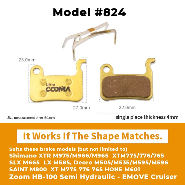 Model 824 Full-Metal Brake Pads for EMOVE Cruiser, Roadrunner, and Xiaomi M365 electric scooters, offering superior all-weather braking performance and durability.