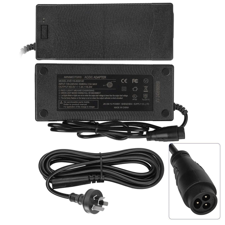 Original Dualtron Ultra 2 83V 1.4A OEM charger with Australian power lead and Dualtron LP16-3P charging connector.