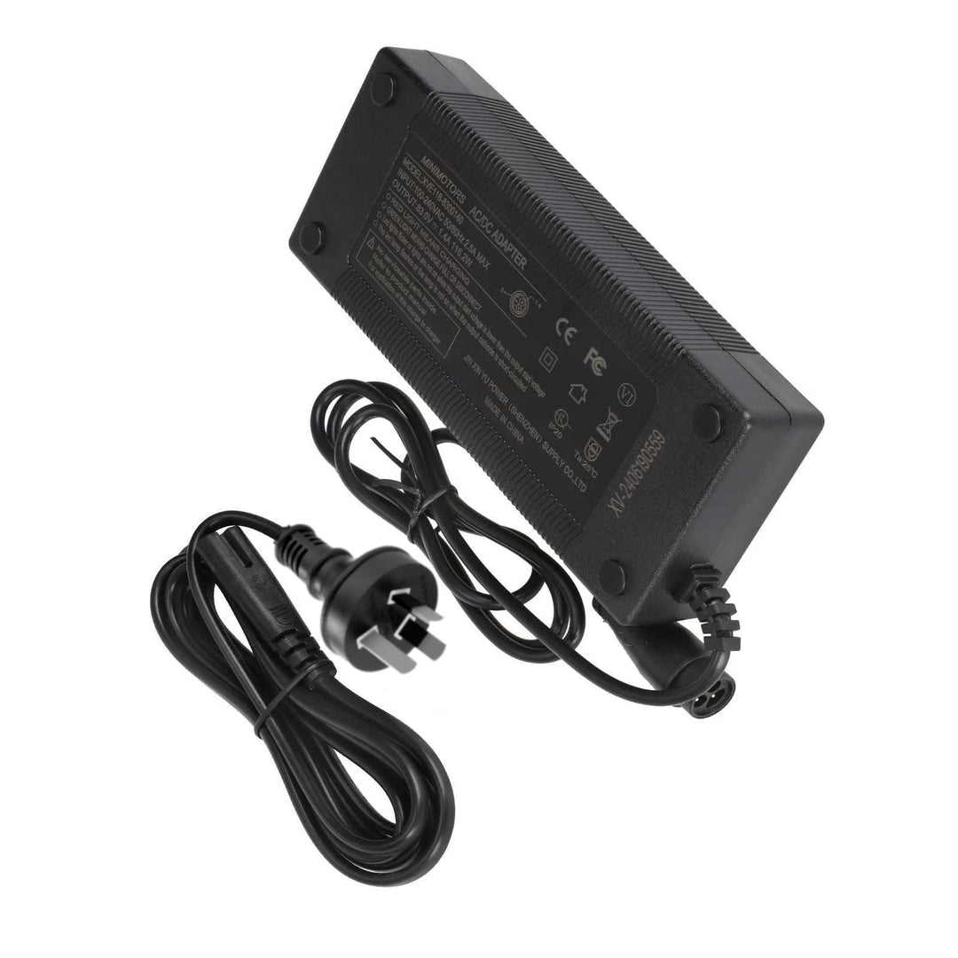 Rear angled view original Dualtron Ultra 2 83V 1.4A OEM charger with Australian plug and Dualtron LP16-3P connector plug