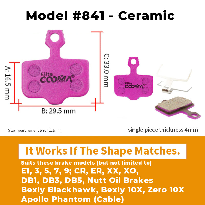 Model 841 ceramic brake pads for Bexly Blackhawk (Cable Activated), Bexly 10X, Zero 10X & Apollo Phantom. 33mm total height. 16.5mm height of brake pad section. 29.5mm wide. Single piece thickness 4mm. For superior braking performance.