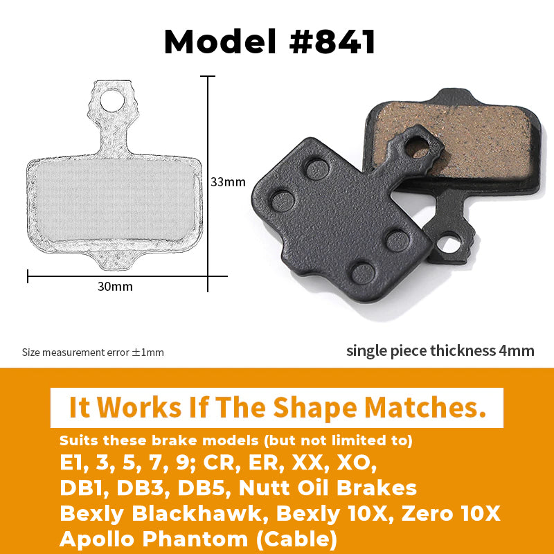 Model 841 resin brake pads for Bexly Blackhawk (Cable Activated), Bexly 10X, Zero 10X & Apollo Phantom. 33mm total height. 16.5mm height of brake pad section. 29.5mm wide. Single piece thickness 4mm. 