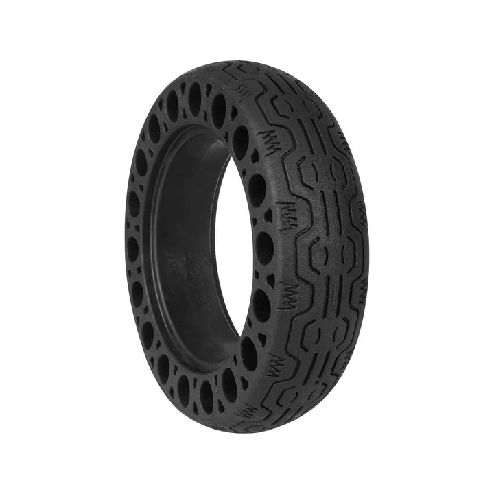 Front angled view of 8x2 solid tyre showing central tread grooves and honeycomb sidewall