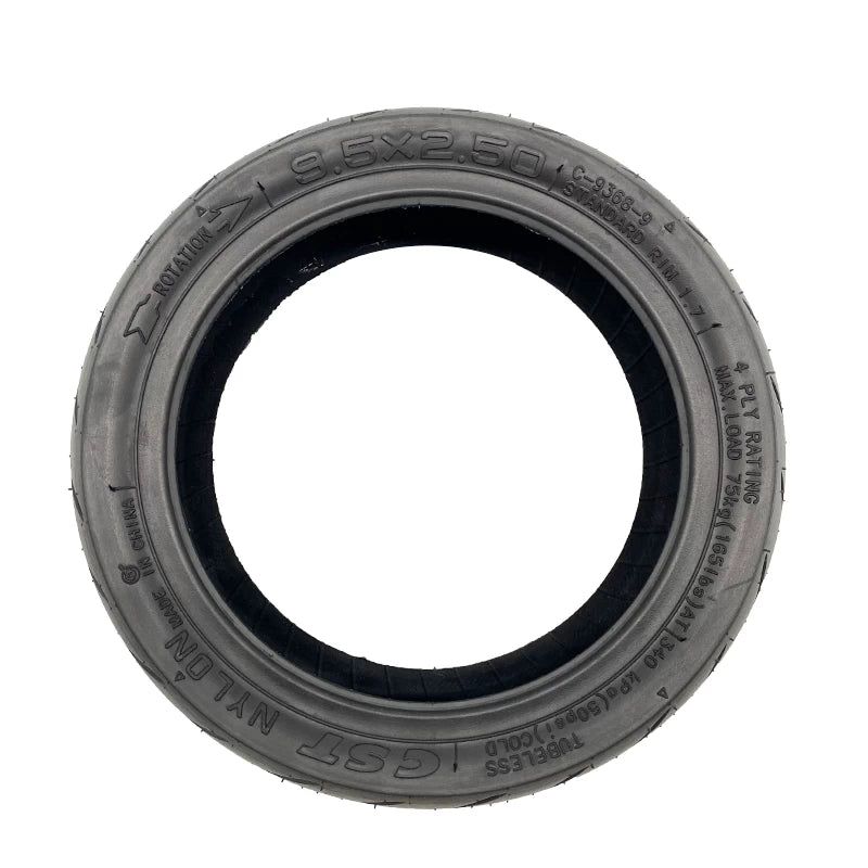 Side profile CST 9.5x2.50 tubeless DuraGel tyre for NIU KQi3, showing specifications  and directional fitment arrow