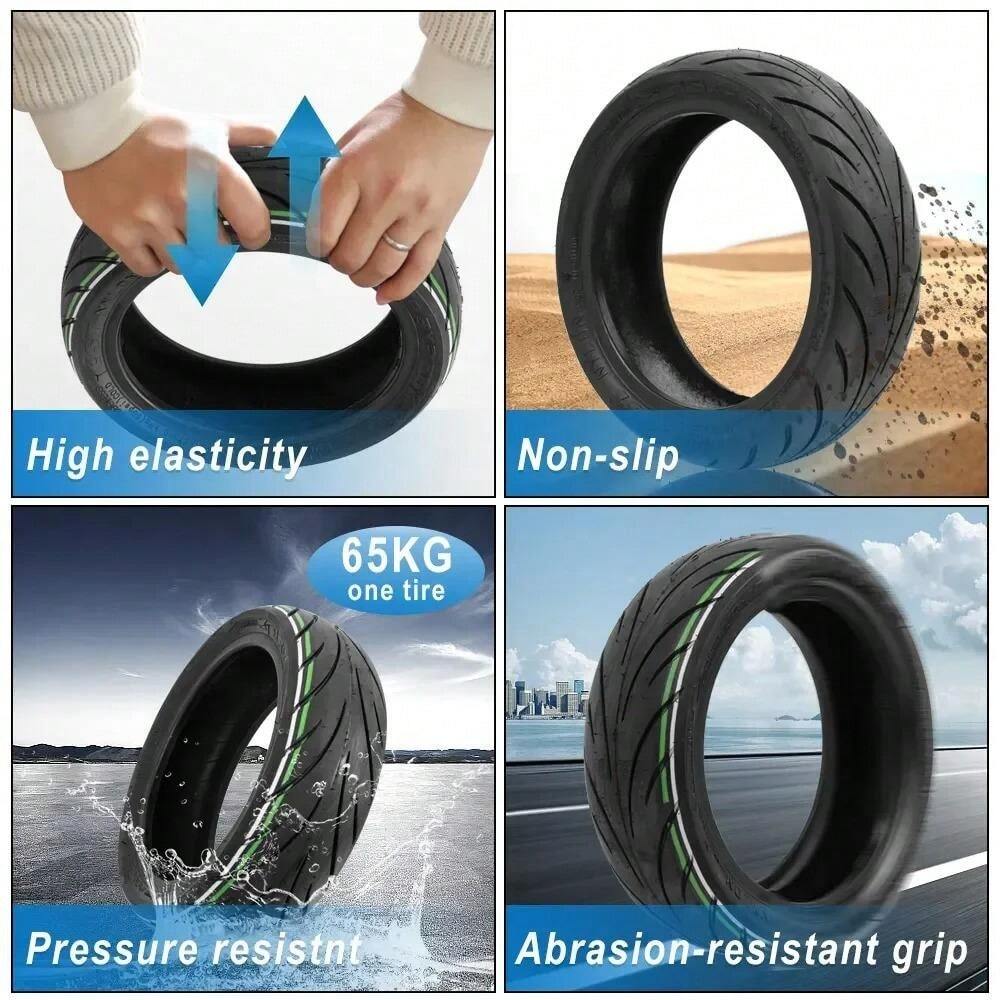 Feature highlights of the CST 9.5x2.50 Tubeless Tyre, including high elasticity, pressure resistance, and abrasion-resistant grip.