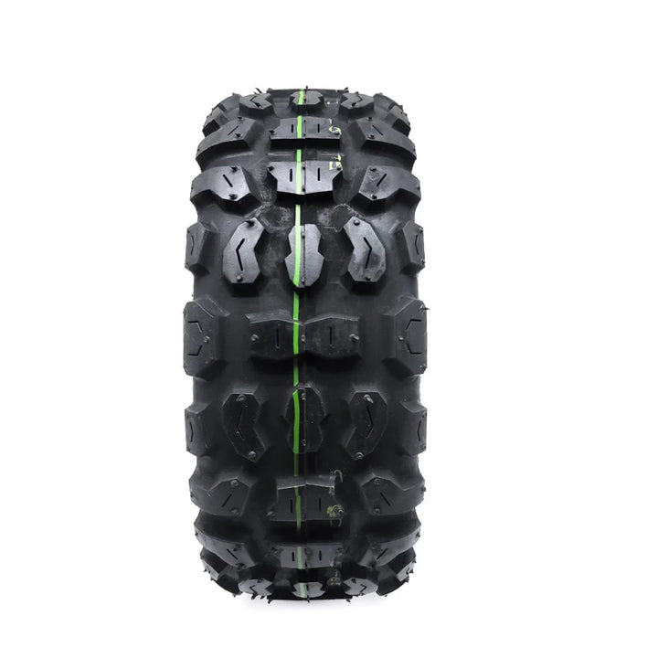 Front on view of the rugged tread pattern on the CST 90/65-6.5 Off Road Tyre.