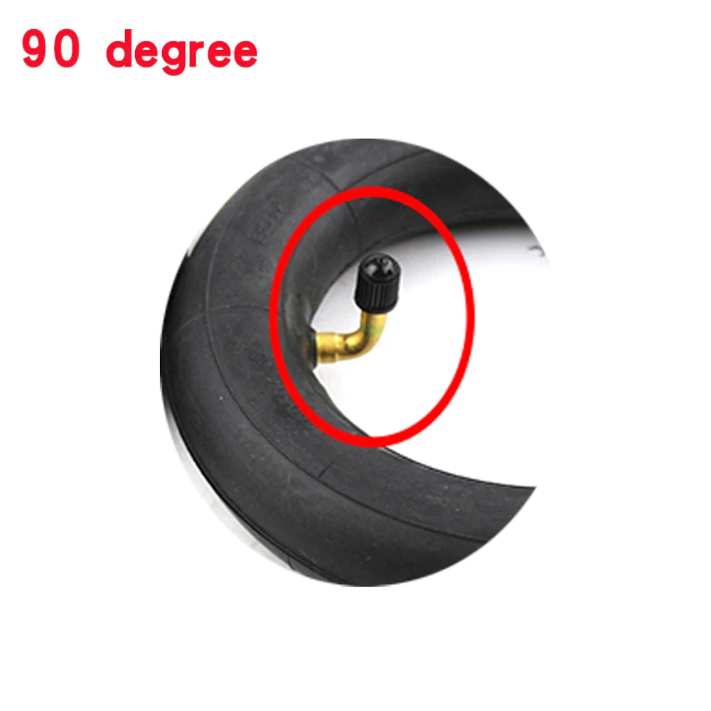 Close up view of a 90 degree valve inner tube for electric scooters and bikes. Ideal for compact fitting and easier inflation in tight spaces.