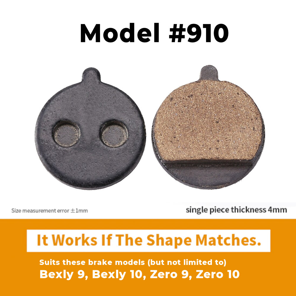 Model 910 Resin Brake pads for Bexly 9,Bexly 10, Zero 9, Zero 10 and many others. Single piece thickness 4mm.