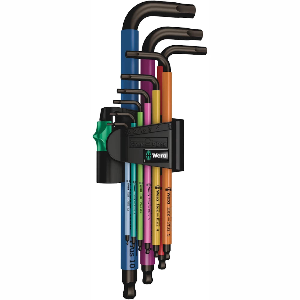 WERA Hex-Plus Multi-Coloured L-Key Set Metric - Colour-coded hex keys with ergonomic grip for easy identification, featuring Blacklaser surface treatment for extended tool life.