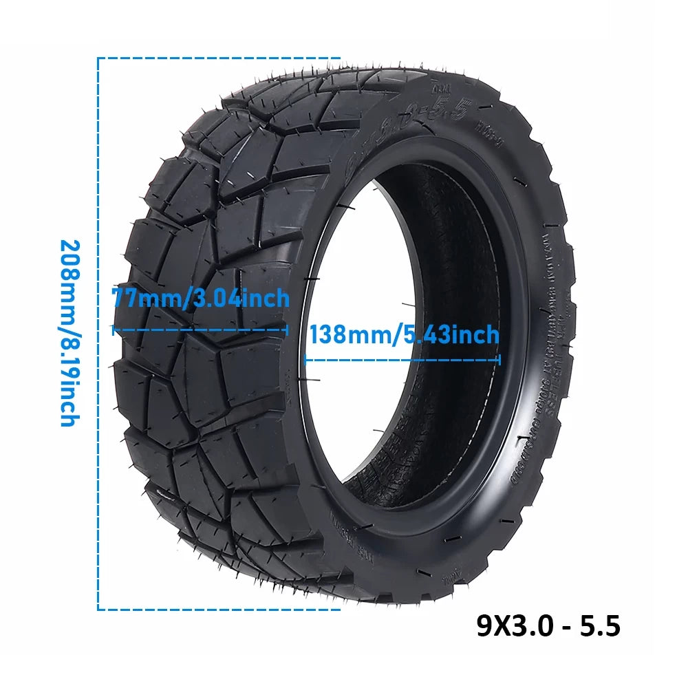 9×3.0–5.5 tyre dimensions chart with measurements in mm and inches.