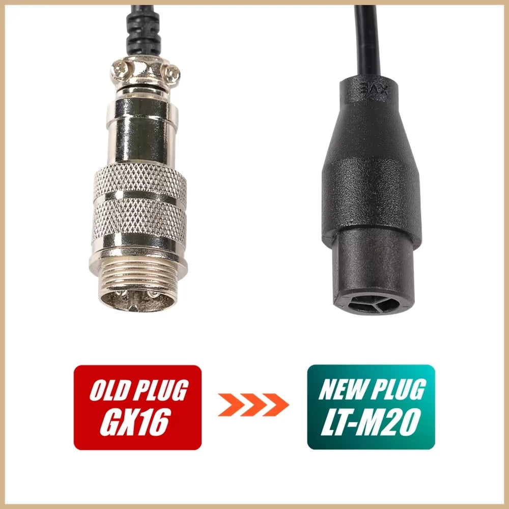 Comparison of the metal GX16 connector and newer black Kaabo LT-M20 charging plug