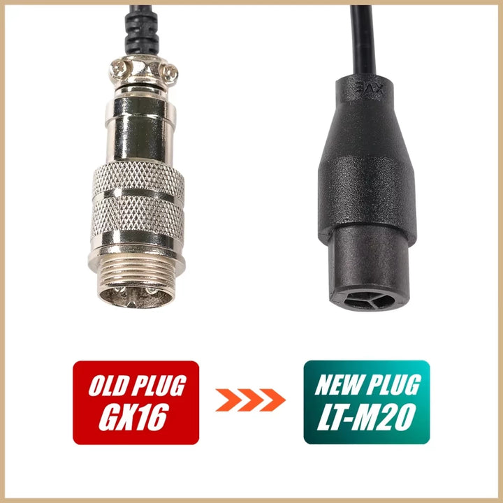 Comparison of the metal GX16 connector and newer black Kaabo LT-M20 charging plug