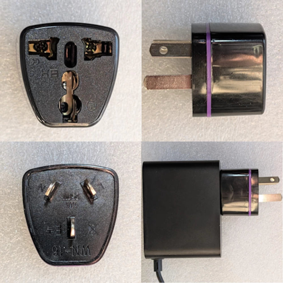 Montage of the Australian Adapter included with the  E2/E2 Plus Charger, for seamless use in Australia of the original charger.