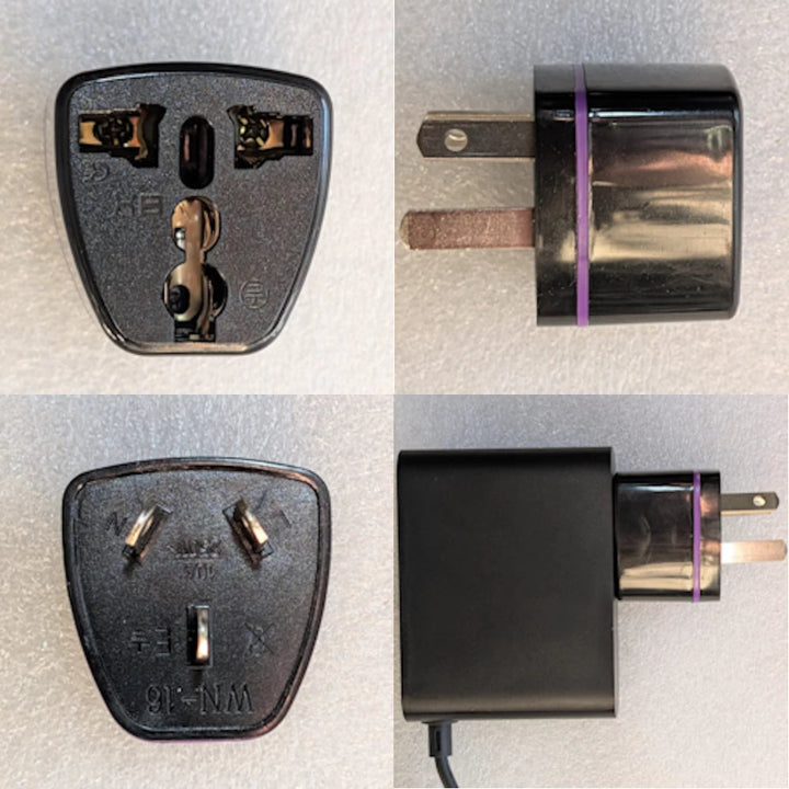 Montage of the Australian Adapter included with the  E2/E2 Plus Charger, for seamless use in Australia of the original charger.
