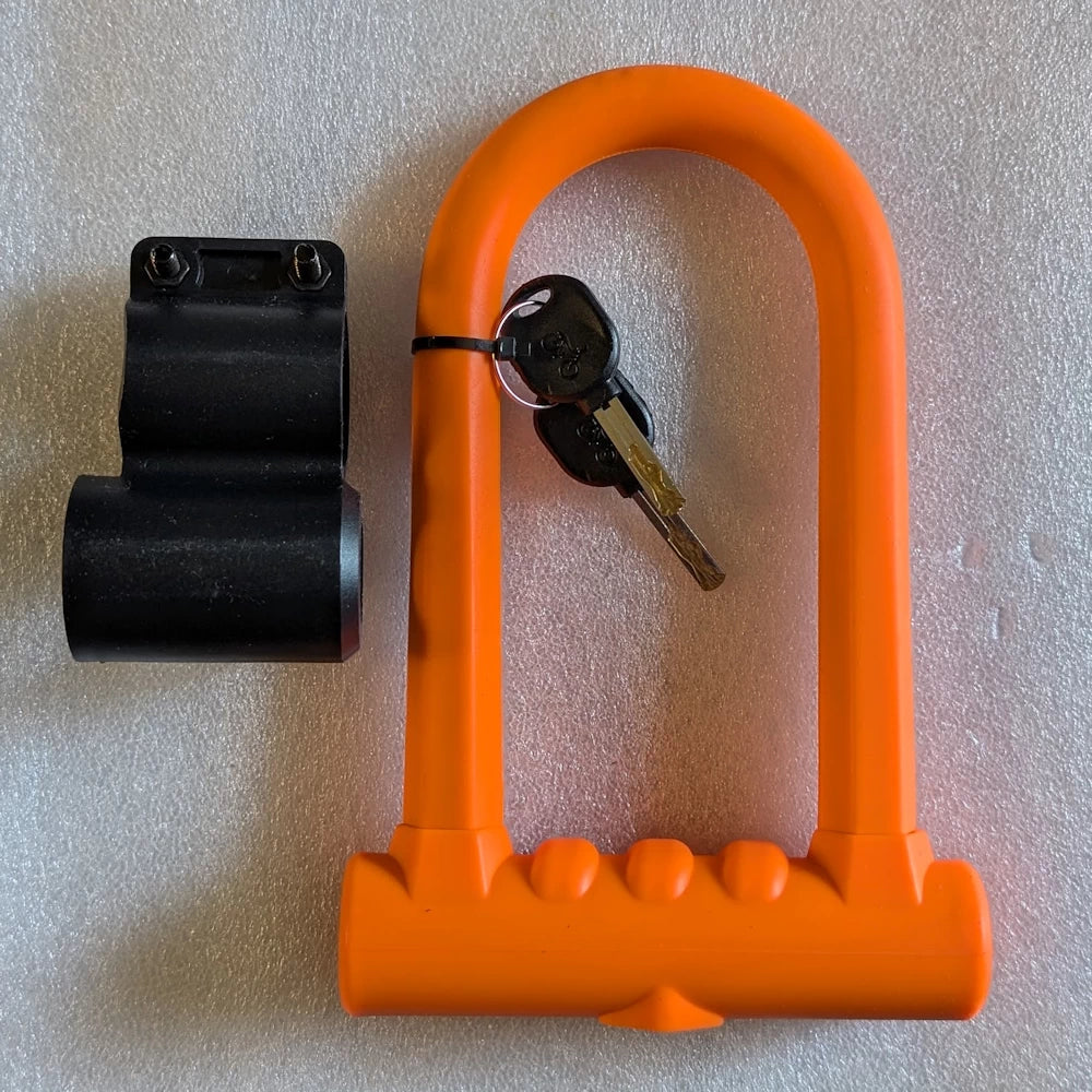 FLuro Orange Anti-Theft Small Rubber Coated, Waterproof D-Lock with keys and mounting bracket