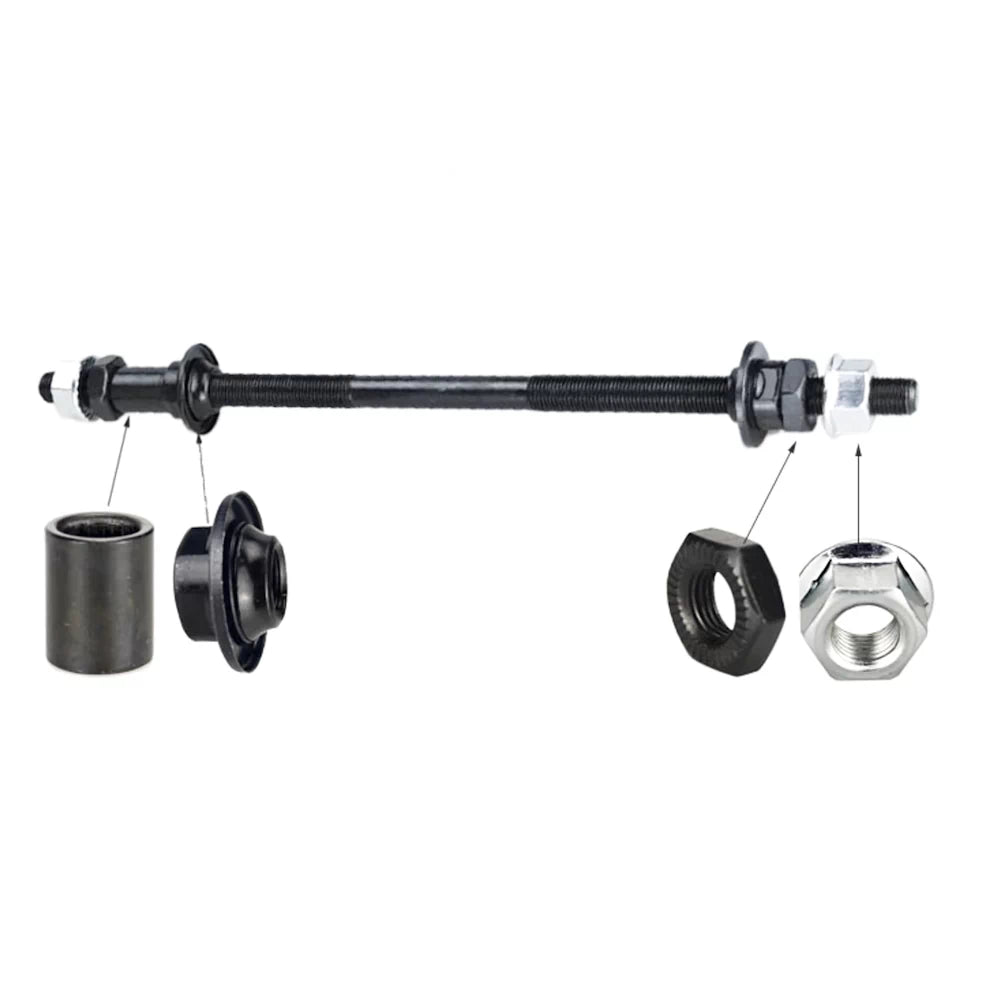 Bicycle rear hub axle 240mm with included nuts, spacers and hardware displayed.