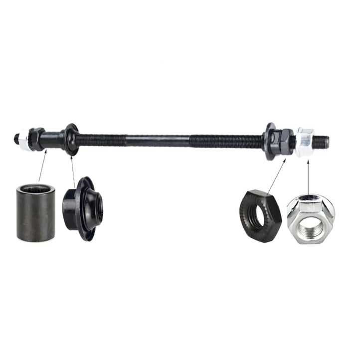 Bicycle rear hub axle 240mm with included nuts, spacers and hardware displayed.