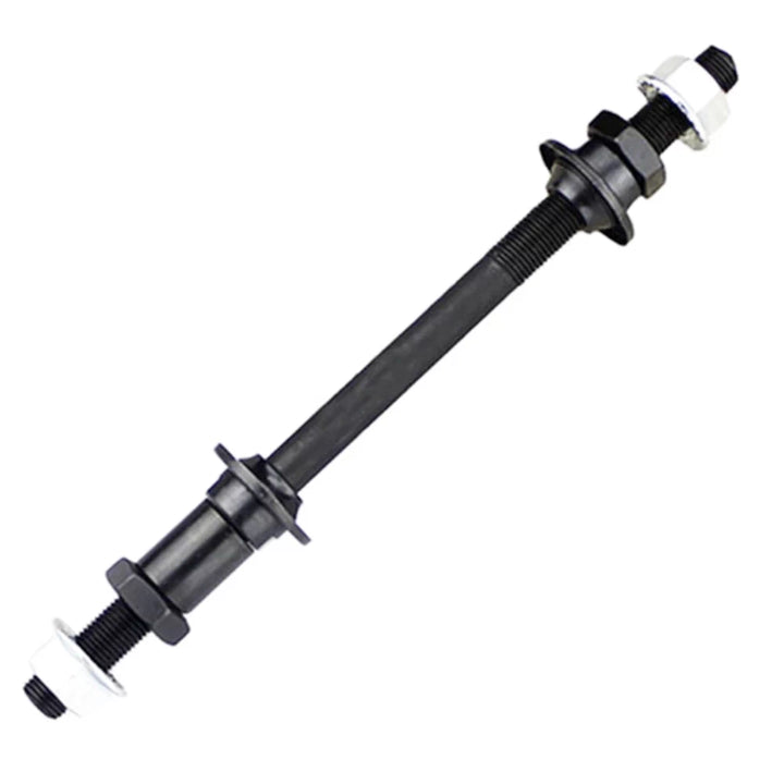 Angled view of 240mm rear hub axle with nuts and washers for mountain bike and Roadrunner footpeg replacement.