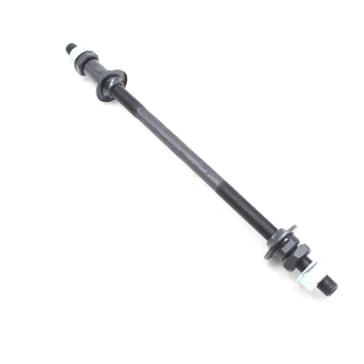 Reverse angled view of steel 240mm axle with hardware for rear hub or footpeg use.