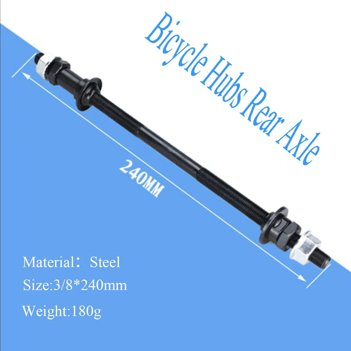 Black steel 240mm rear hub axle for bicycles and EMOVE Roadrunner replacement footpeg setup with size and weight details.