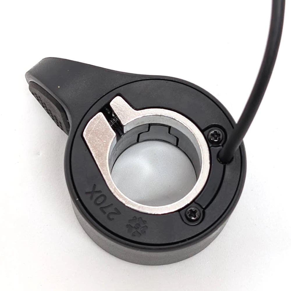 Electric scooter thumb throttle close-up, showing 270X Model Number