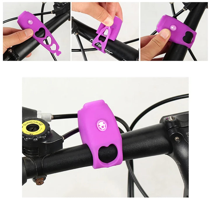 step-by-step guide showing installation of the silicone electric bell on handlebar.