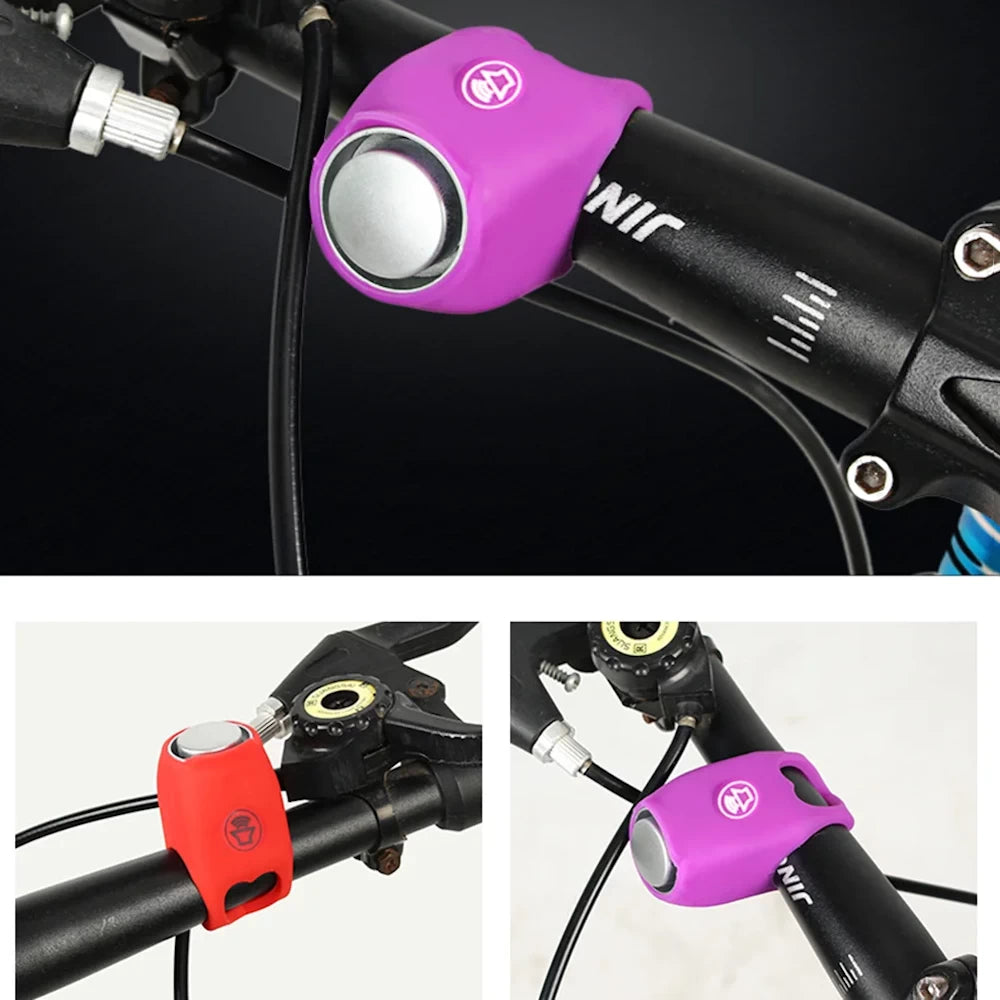 purple silicone handlebar horn fitted on bike with easy strap mount.