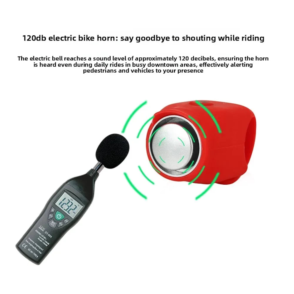 red bike bell tested with sound meter displaying 120 dB volume output.