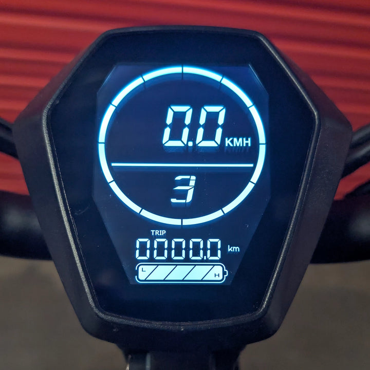 Front view of the illuminated Hex Diamond LCD screen displaying speed and battery status, OEM replacement part for Bexly Blackhawk and Apollo Phantom V2 scooters (52V-60V)