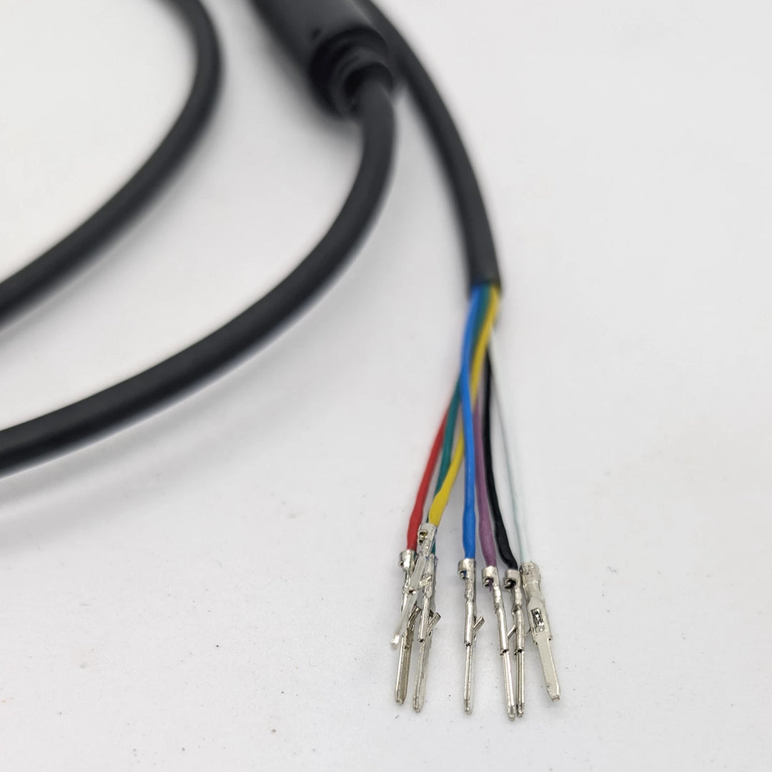 Close-up of the seven coloured terminals on the main cable/wiring harness for the Bexly Raven (M9) electric scooter.