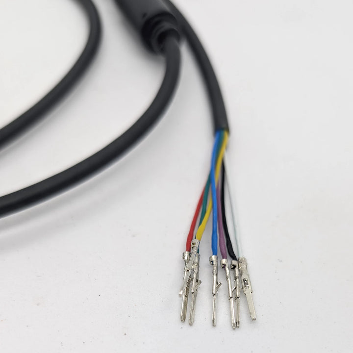 Close-up of the seven coloured terminals on the main cable/wiring harness for the Bexly Raven (M9) electric scooter.