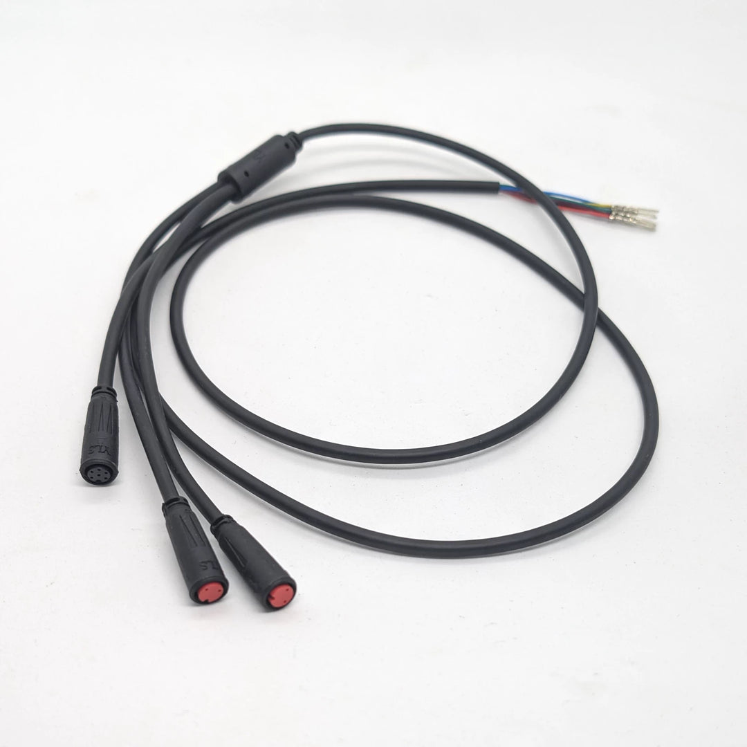 3-to-1 replacement cable/wiring harness which connects the handlebar-mounted electrics to the Bexly Raven's controller. Genuine factory replacement part