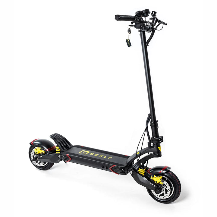 Bexly 10X electric scooter front side view highlighting the powerful dual motors, coil suspension, and wide foot deck.