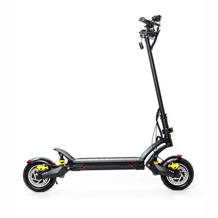 Bexly 10X electric scooter side profile showcasing the dual-disc brakes, coil suspension, and sleek black frame.