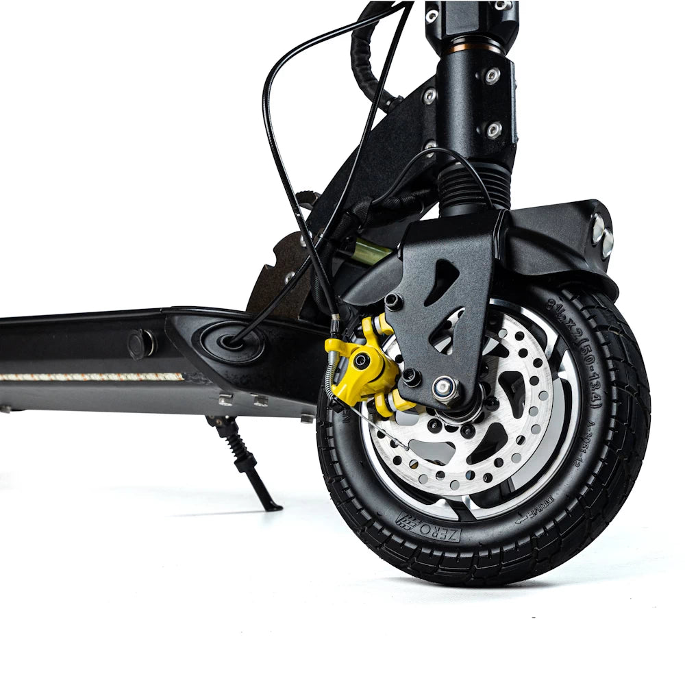 Close-up of Bexly 9 electric scooter disc brakes, highlighting high-performance braking system and safety features.