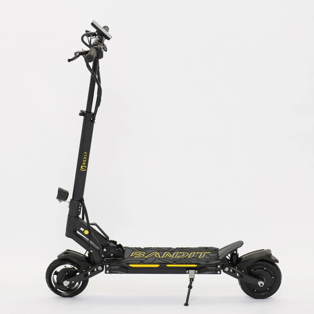 Side profile of Bexly Bandit Plus electric scooter, displaying sleek design and large deck for comfortable rides.