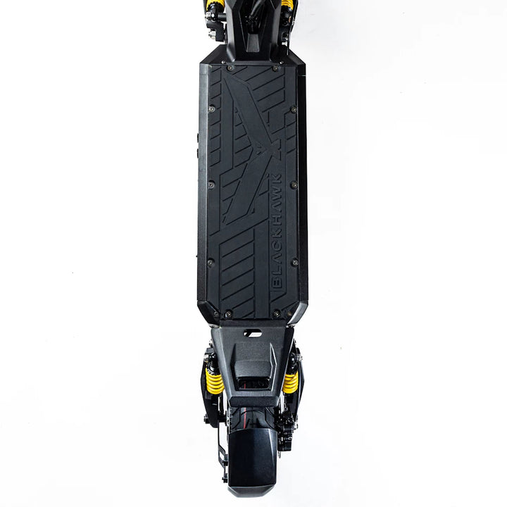 Top view of the Bexly Blackhawk electric scooter deck, featuring anti-slip surface with 'Blackhawk' branding for stability.