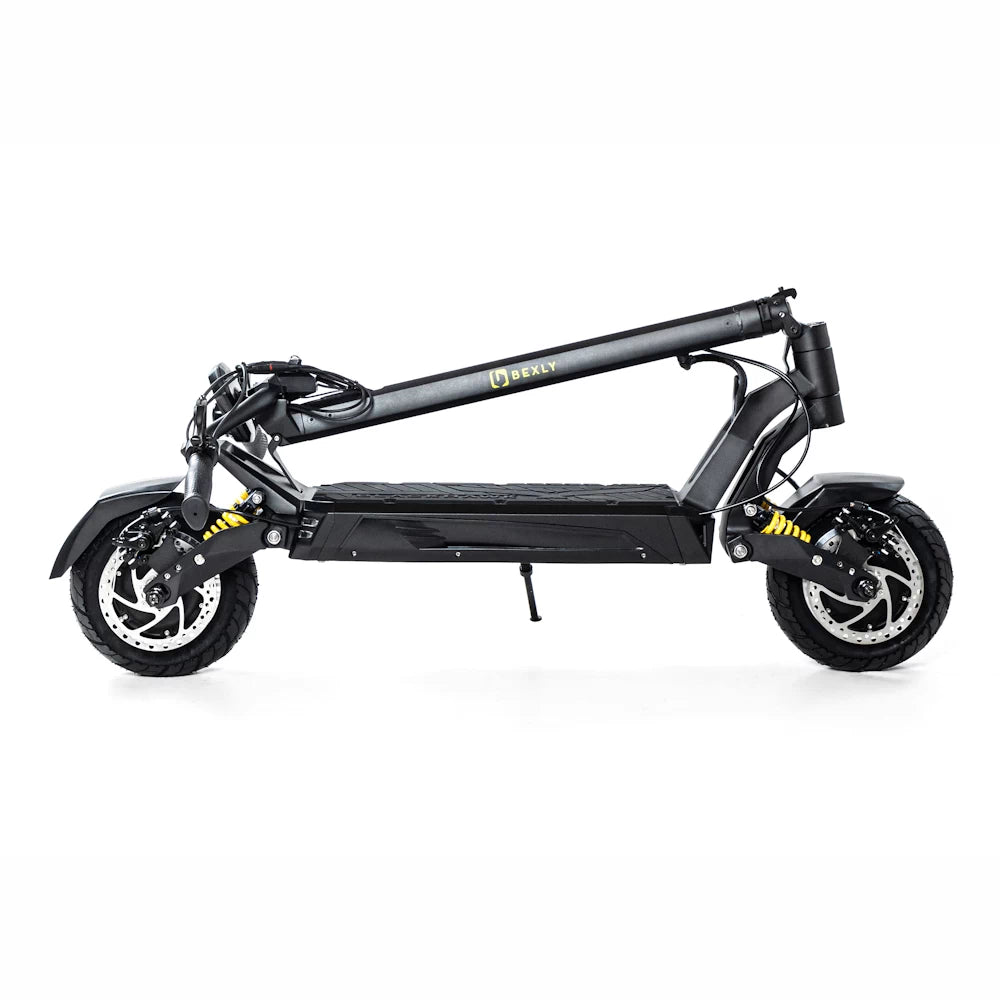 Bexly Blackhawk electric scooter in folded position, highlighting compact and portable design for easy transportation.