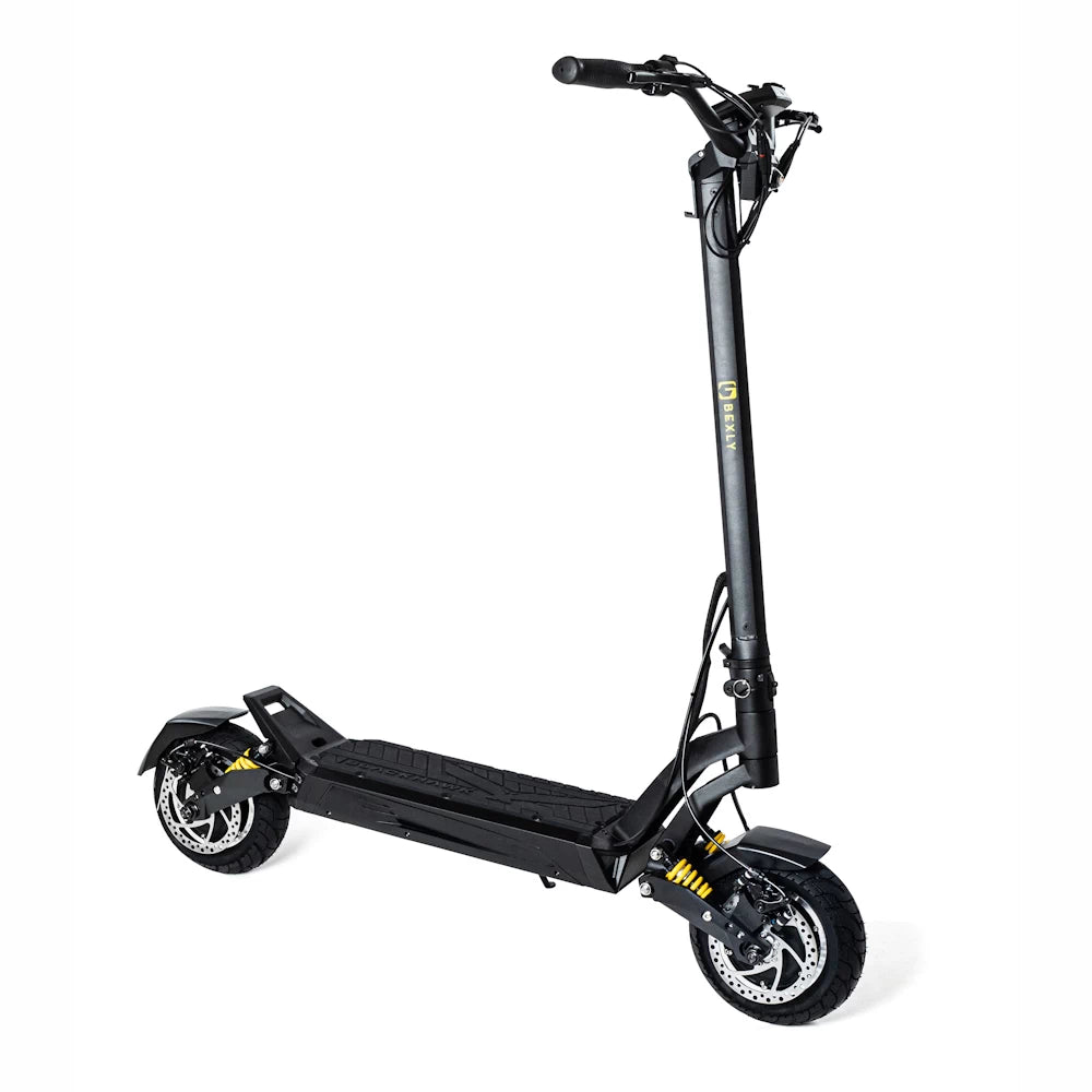 Bexly Blackhawk electric scooter hero shot, emphasizing sleek frame, ergonomic handlebar design, and high performance for urban commutes.