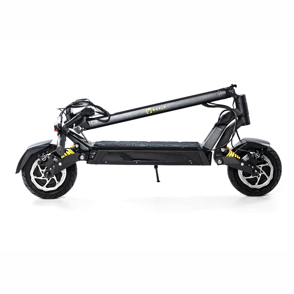 Bexly Blackhawk Pro electric scooter in folded position, demonstrating compact design for easy transportation and storage.