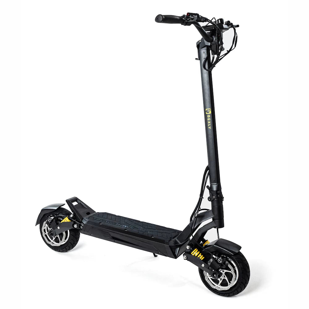 Hero shot of Bexly Blackhawk Pro electric scooter, featuring a robust frame, ergonomic handlebars, and advanced features for high-speed urban commuting.