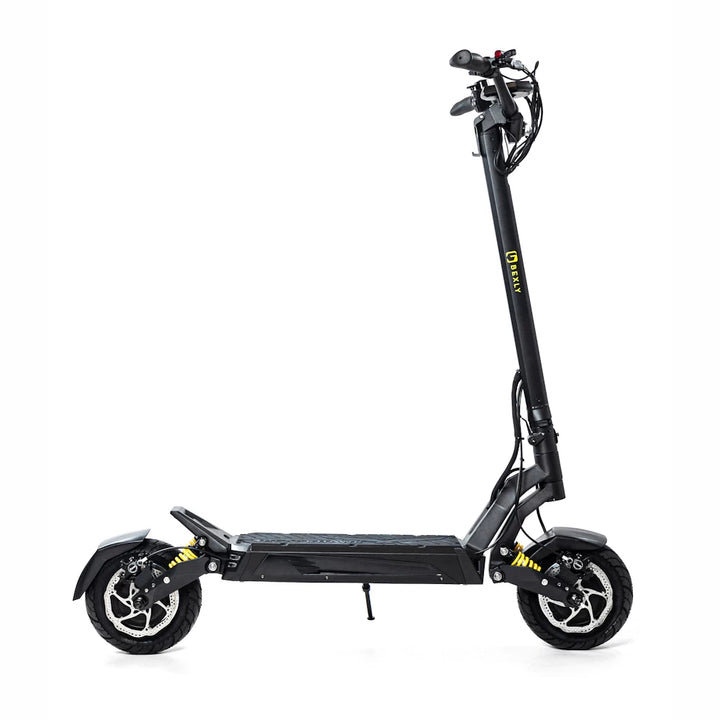 Side profile of Bexly Blackhawk Pro, emphasizing sleek black design, powerful dual motor setup, and large deck for enhanced stability.