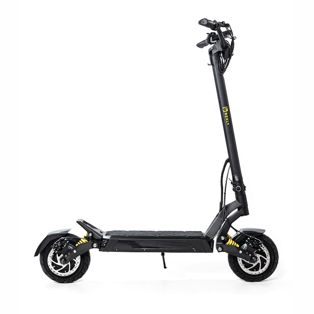 Bexly Blackhawk electric scooter side view showcasing its robust design, powerful motors, and quad coil suspension for smooth rides.