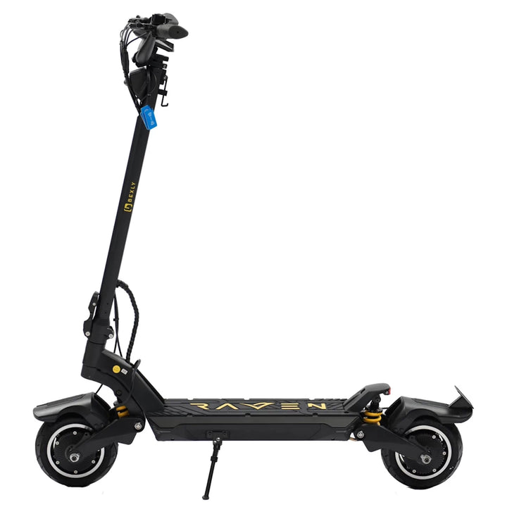 Bexly Raven electric scooter side profile showcasing sleek frame, powerful motor, and large deck for comfortable urban commutes.