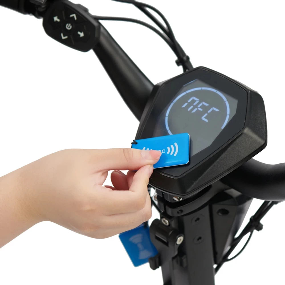 Close-up of NFC security feature on the Bexly Raven electric scooter, demonstrating easy and secure unlocking with NFC key card.