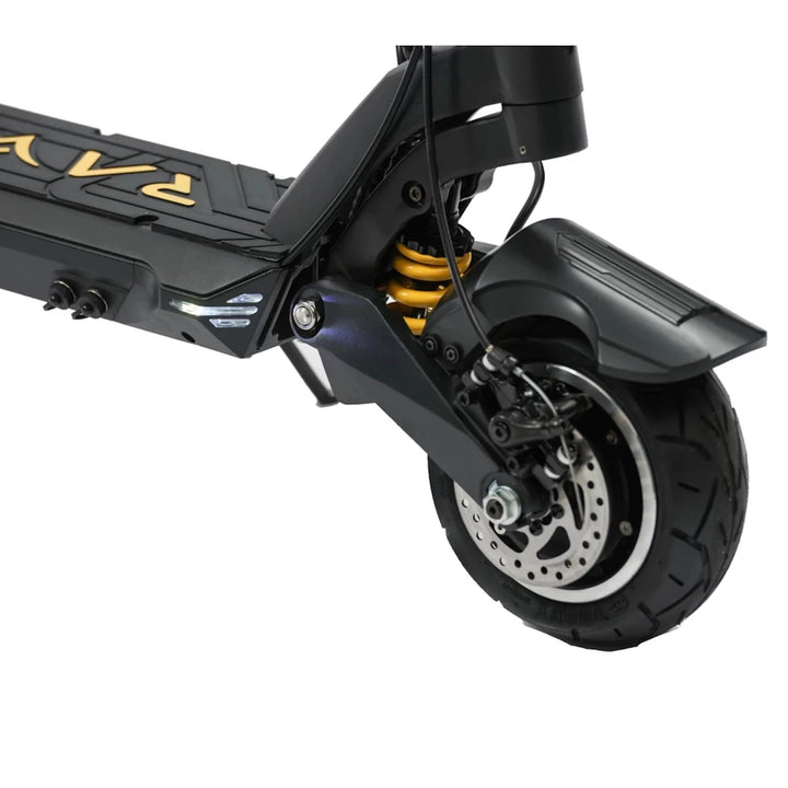 Close-up of the front wheel and suspension system on Bexly Raven electric scooter, emphasizing its brakes and smooth shock absorption for enhanced safety and rider comfort.