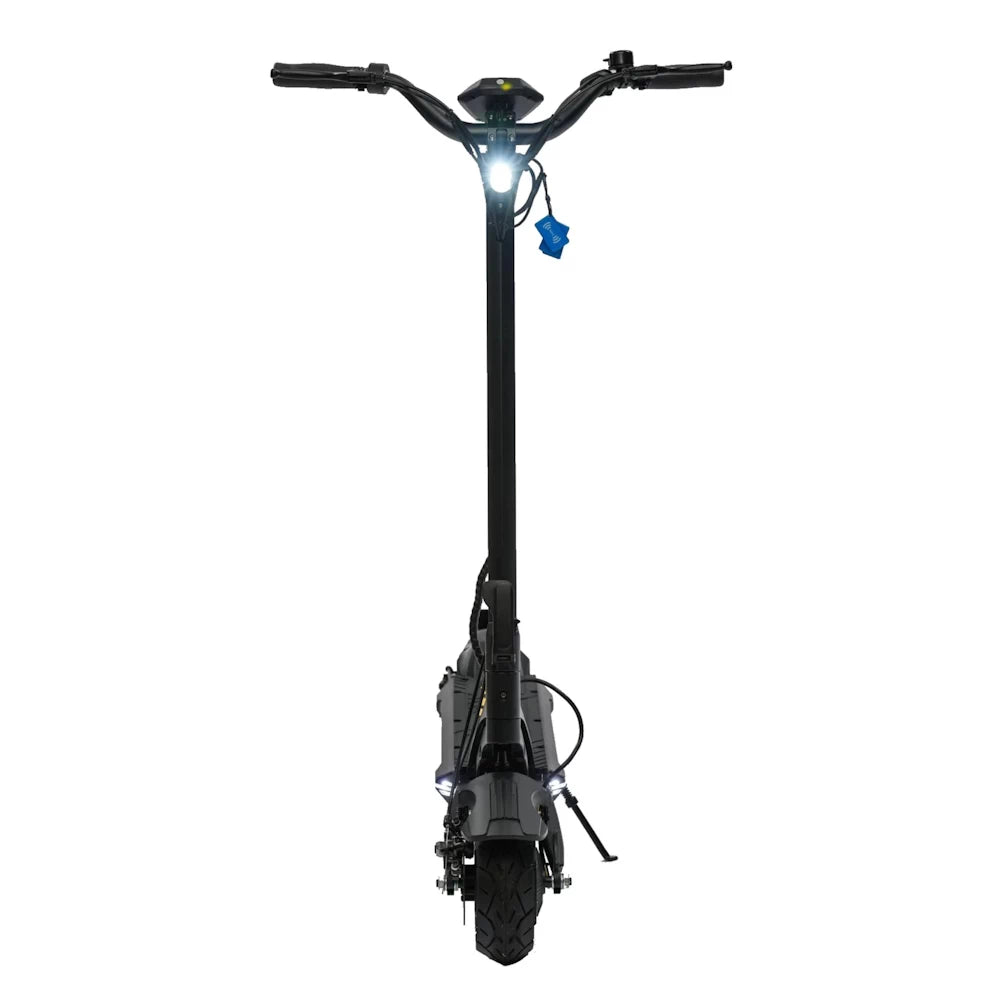 Bexly Raven electric scooter front view showing LED headlight and ergonomic handlebar design for night riding and easy control.