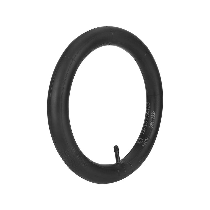 Angled view of Black Cat 12x1.75–2.125 premium butyl inner tube with straight AV valve.